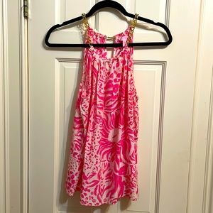 Lilly Pulitzer Pink Silk Halter Top with Gold Chain